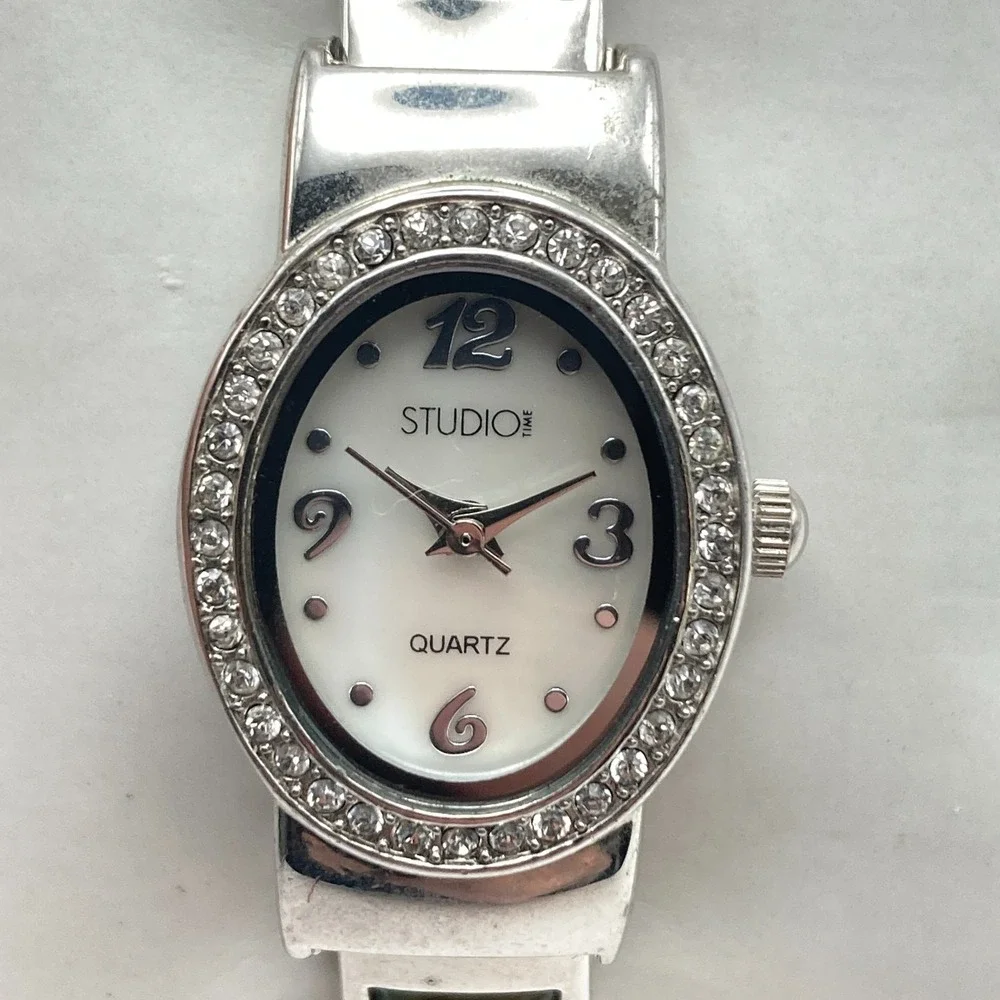 Studio Time Women's Watch 20mm Abalone Silver Tone MOP Crystals Cuff New Battery